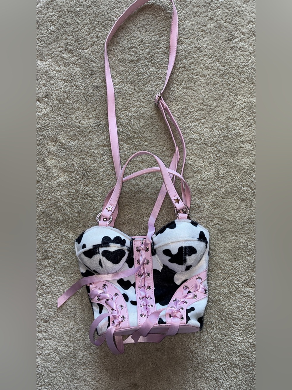 Sugar Thrillz Pink and Black Cow-Print Lace-Up Bustier Crossbody Bag